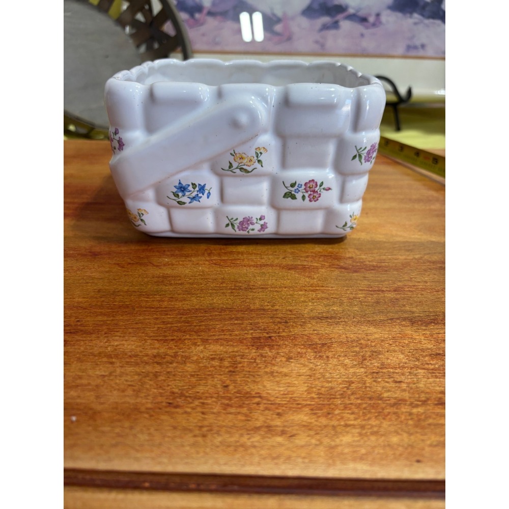 Teleflora Gift Ceramic Basketweave Planter White Floral Square Vase Cottagecore